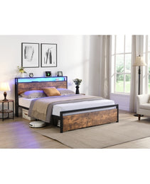 Queen Size Bed Frame With Storage Headboard And 2 Drawers, LED Lights Bed With Charging Station
