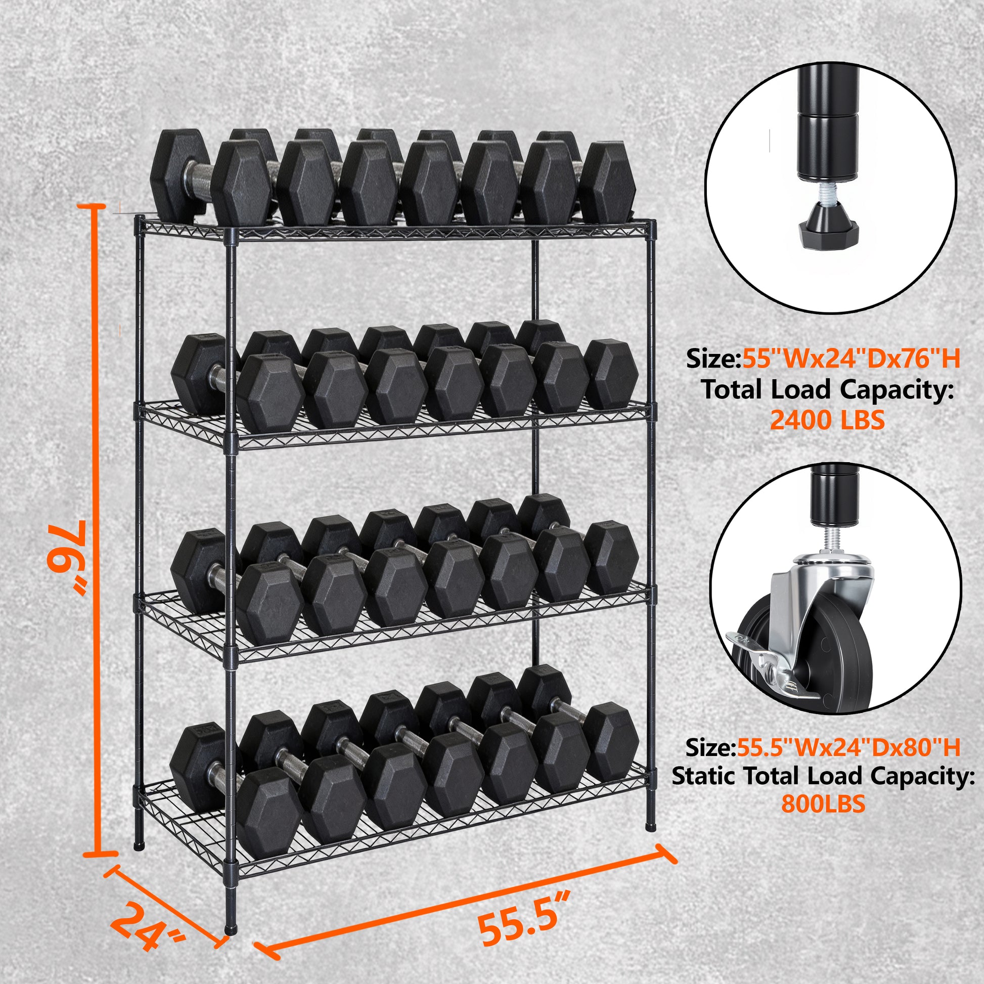 55.5  W X 24  D X 80  H Heavy Duty Wire Storage Shelves With Wheels  4 Tier Adjustable  2400 Lbs Capacity  Garage Shelving Unit  Rolling Industrial Storage  Black