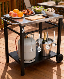 2-Tier Outdoor Grill Cart With Stainless Steel Top, Large Wheels & Tool Hooks, Movable BBQ Prep Table, Rolling Serving Bar Cart For Patio, Backyard, Pizza Oven Stand, Black