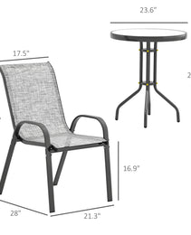 3 Pieces Bistro Set, Small Patio Furniture Set With Stackable Chairs And Glass Table For Backyard, Balcony, Gray