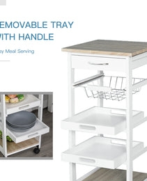 Mobile Kitchen Cart, Rolling Kitchen Island with Storage, Solid Wood Frame Utility Cart with Wire Fruit Baskets, Trays and Drawer, White