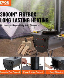Wood Stove, 118 Inch, Alloy Steel Camping Tent Stove, Portable Wood Burning Stove With Chimney Pipes & Gloves, 3000in³Firebox Hot Tent Stove For Outdoor Cooking And Heating With 8 Pipes