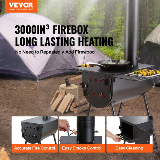 Wood Stove, 118 Inch, Alloy Steel Camping Tent Stove, Portable Wood Burning Stove With Chimney Pipes & Gloves, 3000in³Firebox Hot Tent Stove For Outdoor Cooking And Heating With 8 Pipes