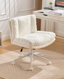 W26.4 Inch Wider Seat Office Chair,Artificial Rabbit Hair Home Office Chair With Metal Base,Adjustable Desk Chair Swivel Office Chair,Vanity ChairCream