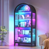 Arched Glass Display Cabinet for Living Room, Tempered Glass Metal, Black, RGB LED Lighting Adjustable Shelves