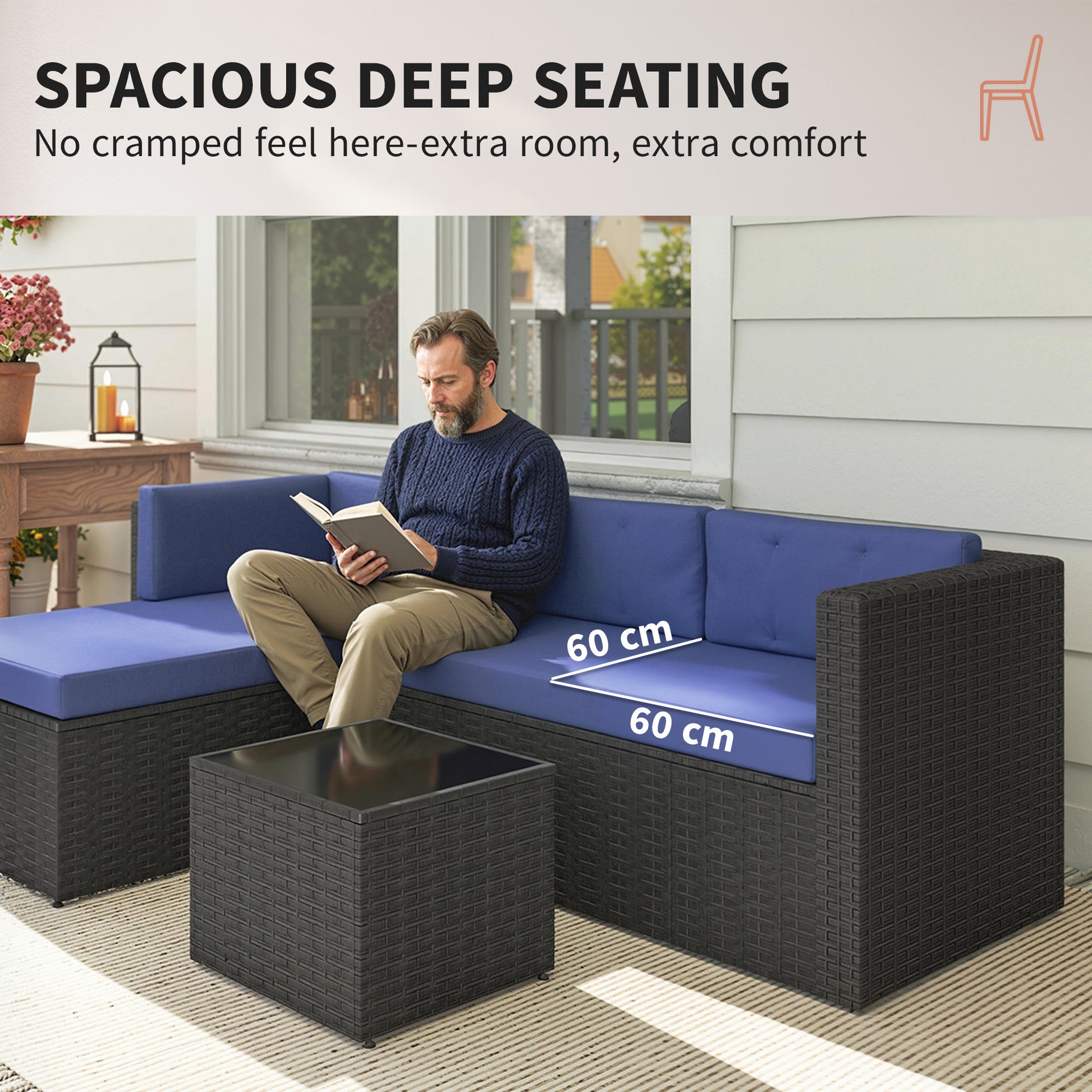 3 Piece Patio Furniture Set, Wicker Outdoor Patio Conversation Furniture Set with Cushions, Glass Top Table, Navy Blue