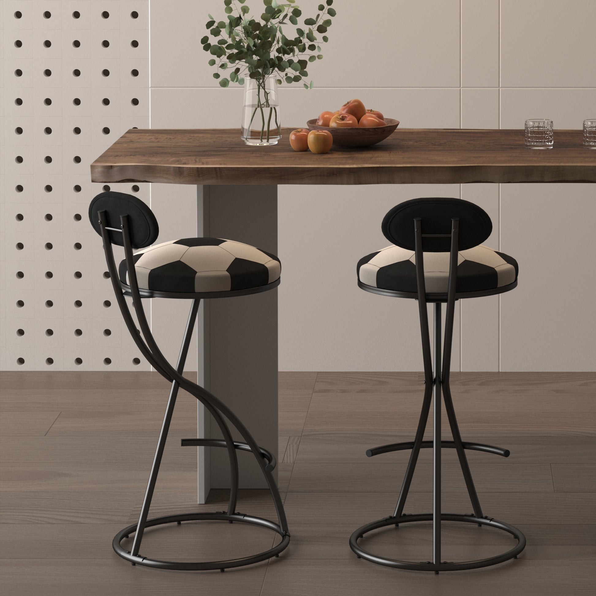 Upholstered S-shaped Barstools Set Of 2 Velvet Counter Bar Stools Football Print Round Dining Stool For Kitchen & Living Room Black Frame  Black Back