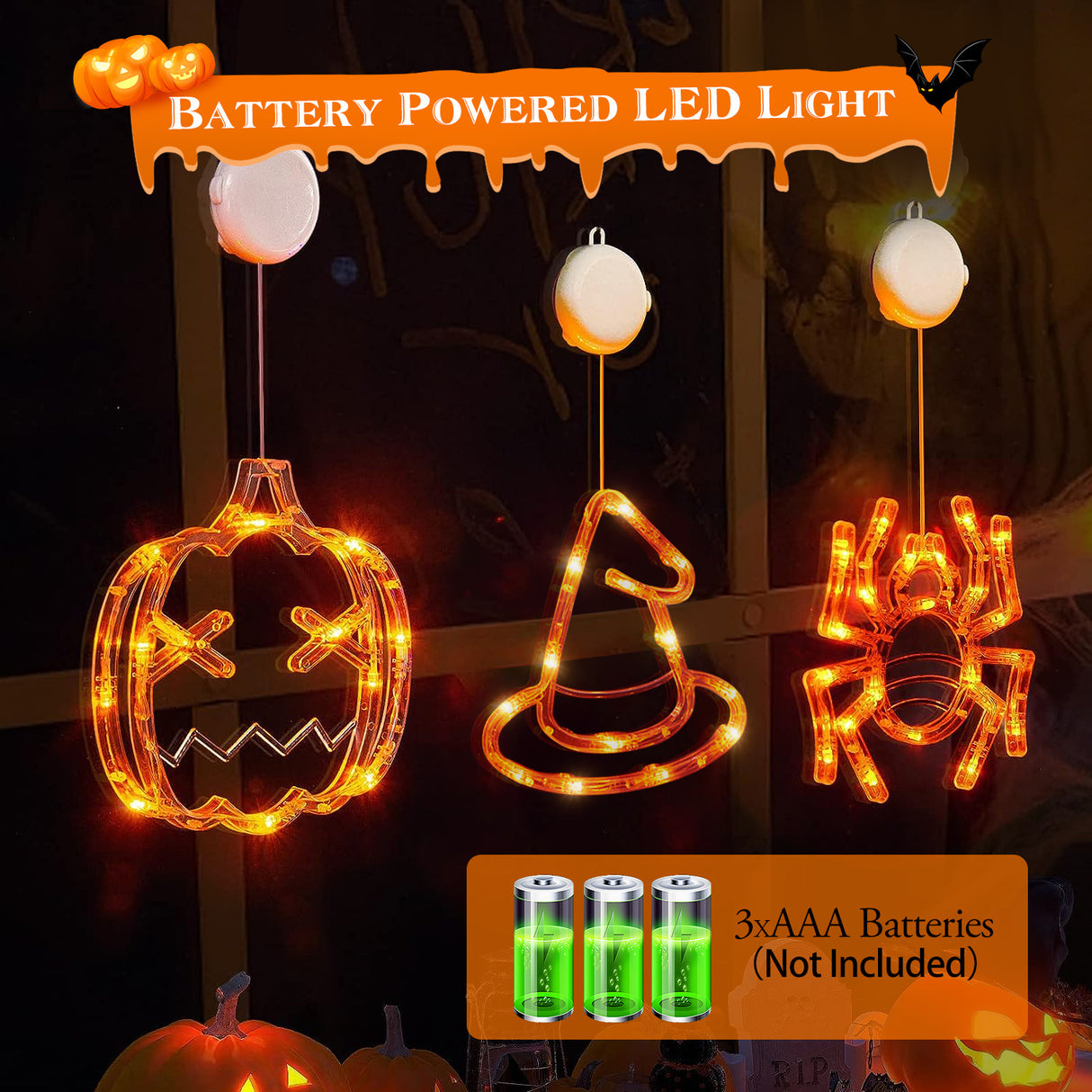 Set Of 3 Pack Halloween Window Light Spider Witch Hat Pumpkin With Orange Light Hanging Halloween Decoration Light With Suction Cup Hanging Holes - CJDS - FC