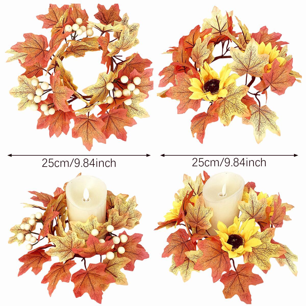 2 Pcs 9.8 Inch Fall Candle Rings Wreaths Candlestick Decorative Rattan Garland Maple Leaf Berries Sunflowers Candle Rings Autumn Wedding Parties Centerpieces - CJDS - FC