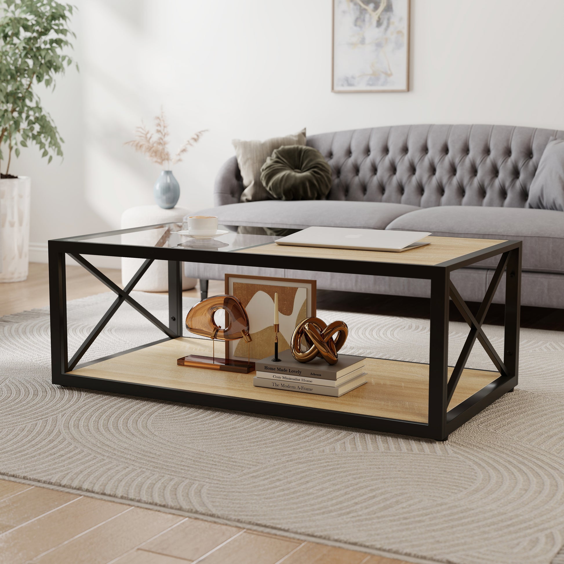 Modern Coffee Table For Bedroom & Living Room, Tempered Glass&Natural Wood MDF Top , Industrial Style Coffee Table