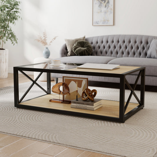 Modern Coffee Table For Bedroom & Living Room, Tempered Glass&Natural Wood MDF Top , Industrial Style Coffee Table