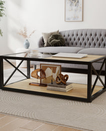 Modern Coffee Table For Bedroom & Living Room, Tempered Glass&Natural Wood MDF Top , Industrial Style Coffee Table