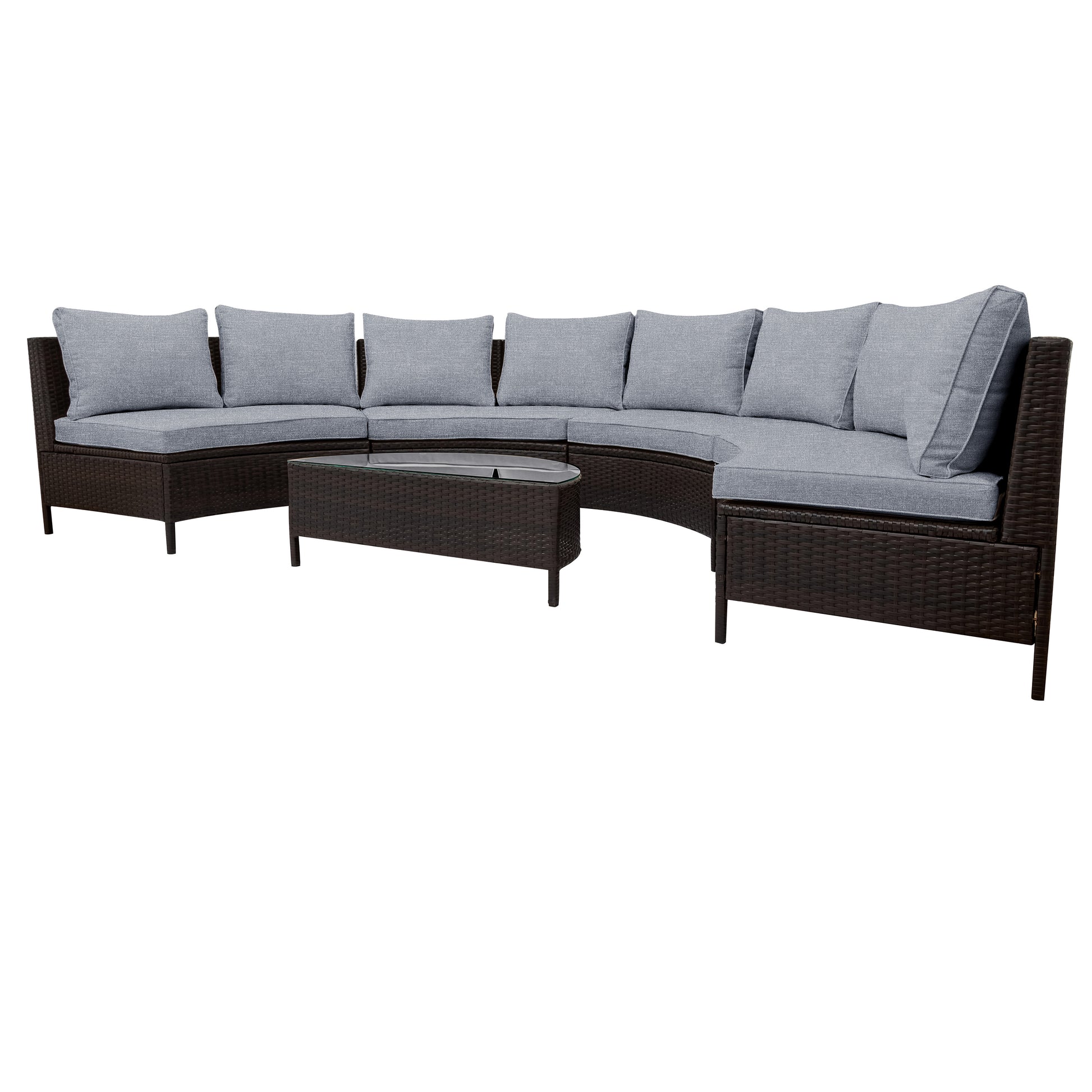 TOPMAX 5 Pieces All-Weather Brown PE Rattan Wicker Sofa Set Outdoor Patio Sectional Furniture Set Half-Moon Sofa Set With Tempered Glass Table, Grey