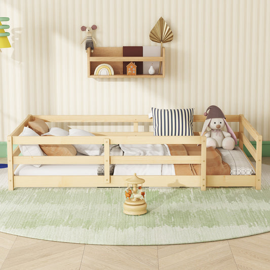 Twin Size Floor Bed, Montessori Floor Bed With Fence, Kids Montessori Bed Twin Size, Wood Montessori Floor Bed For Kids, Girls, Boys Natural.