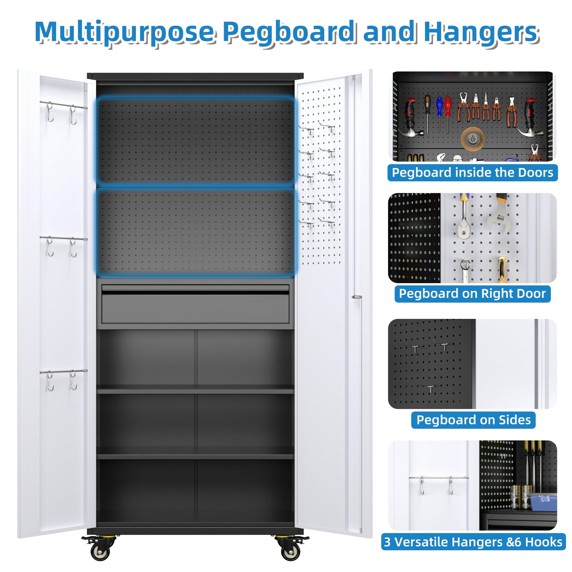 71 Inch High Metal Storage Cabinet On Wheels With 5 Pegboards And 1 Drawer, Lockable Steel Tool Cabinet For Garage, Warehouse, Assembly Required, Black Gray