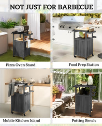 Outdoor Grill Cart with Stainless Steel Top, Solid Wood Outdoor Kitchen Island with Wheels, Integrated Hole, Dark Gray
