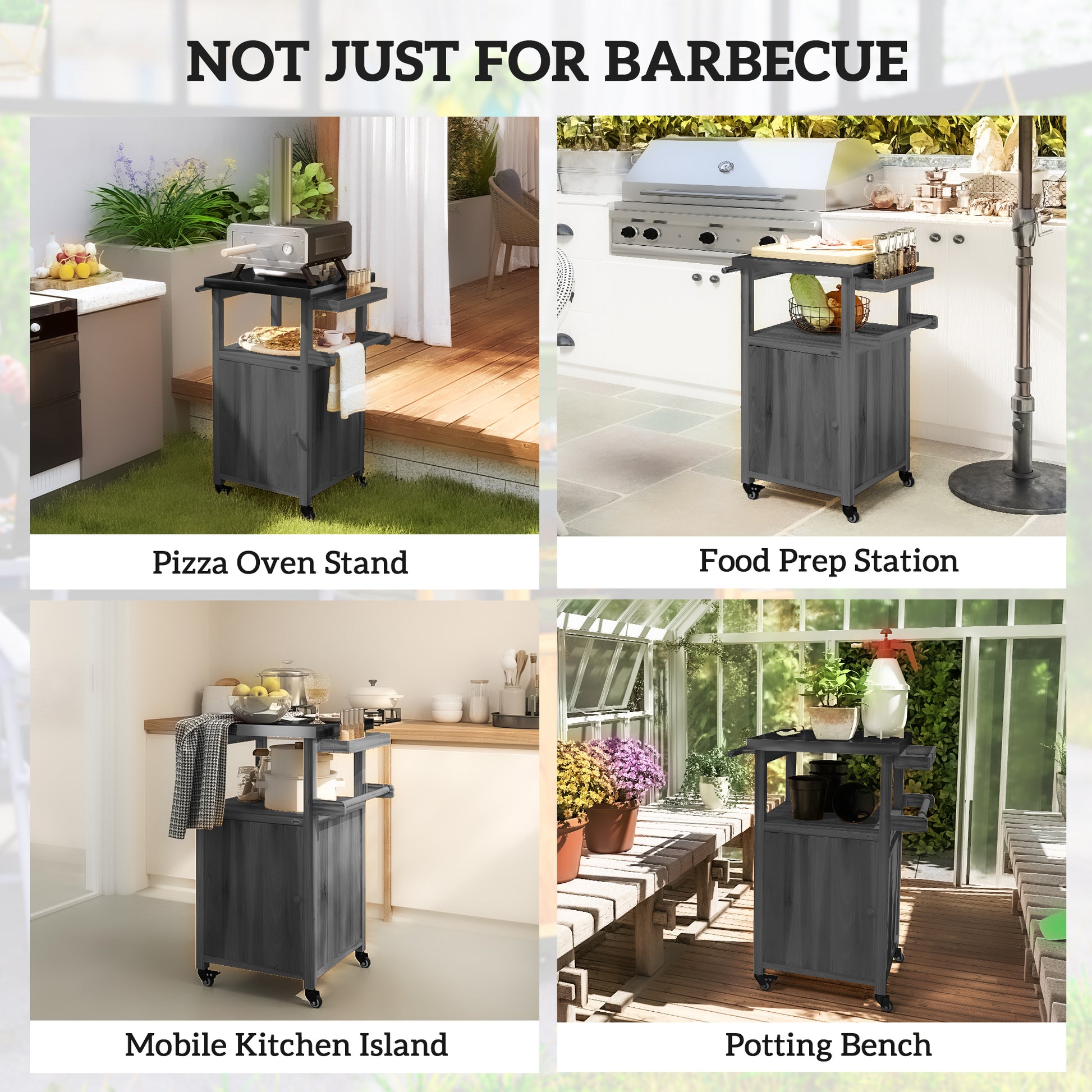 Outdoor Grill Cart with Stainless Steel Top, Solid Wood Outdoor Kitchen Island with Wheels, Integrated Hole, Dark Gray