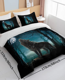 Moon Wolf Bedding Green Watercolor Forest Wolf Landscape Duvet Cover Sets 3 Pieces Wild Animal Bedding Set Twin Full Queen King Size