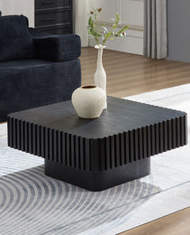 Modern 35.43 Inch Handcraft Drum Coffee Table Square Coffee Table For Living Room,Small Wooden Coffee Table With Sturdy MDF Pedesta,Black Color