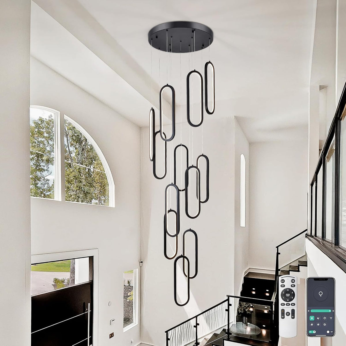 Modern 12-Lights LED Chandelier for Staircase & High Ceiling