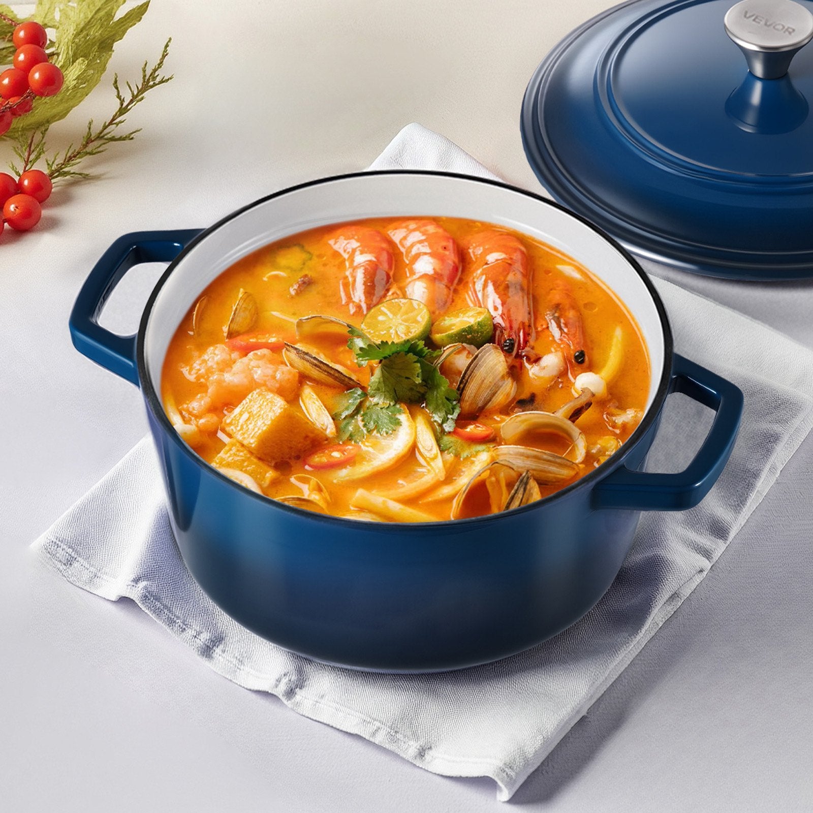 Enameled Cast Iron Dutch Oven Heavy-Duty Cookware With Lid Handles 6 Qt Blue