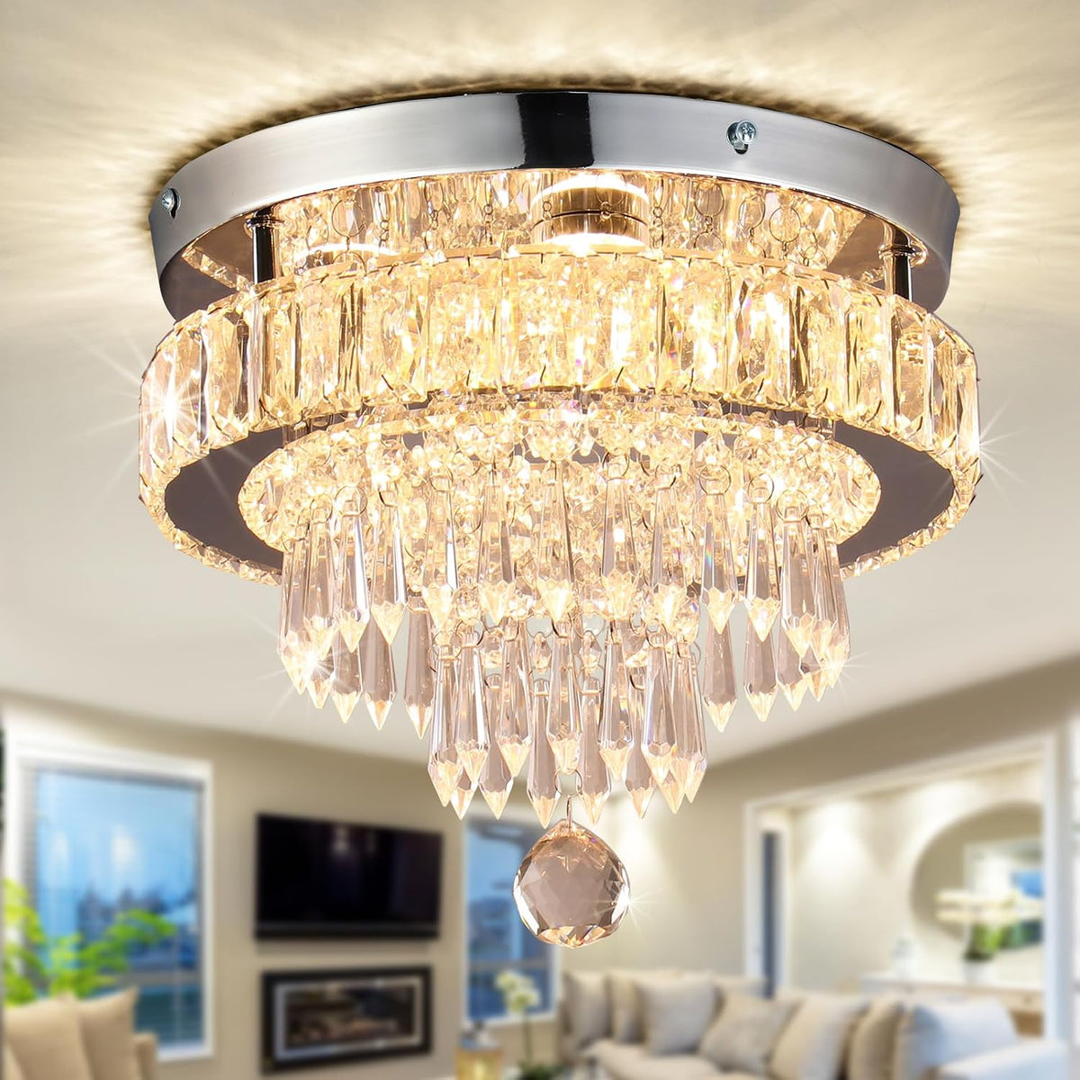 11.8" Crystal Ceiling Light, Flush Mount LED, Warm White