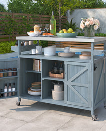 K&K Outdoor Kitchen Island, Rolling Bar Cart & Storage Cabinet, Farmhouse Solid Wood Outdoor Grill Table With Stainless Steel Top, Spice Rack , Towel Rack For Kitchen & BBQ , Grey Blue