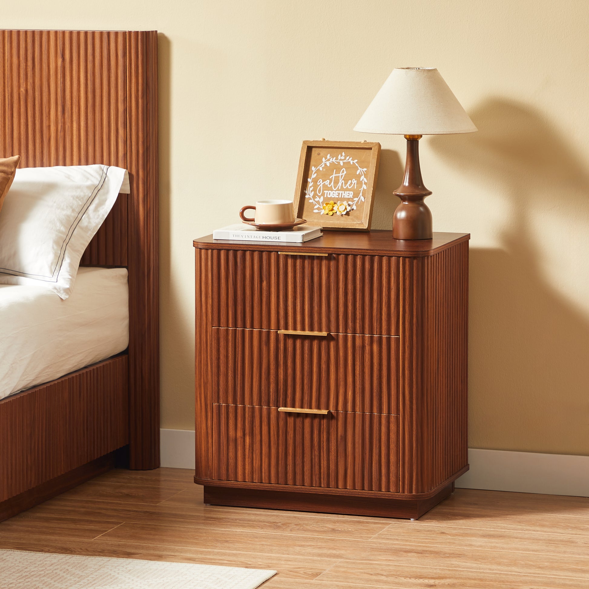 3 Drawers Nightstand Set Of 2, 23.6  Wide Modern Chest Of Drawers Curved Wave Design, Nightstand, Wood Drawer Organizer For Bedroom, Living Room, Hallway, Walnut,23.6 W X 15 D X 25.2 H.