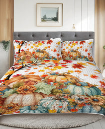 Autumn Theme 3 Pcs Quilt Set - Pumpkin Print Bedspread Coverlet