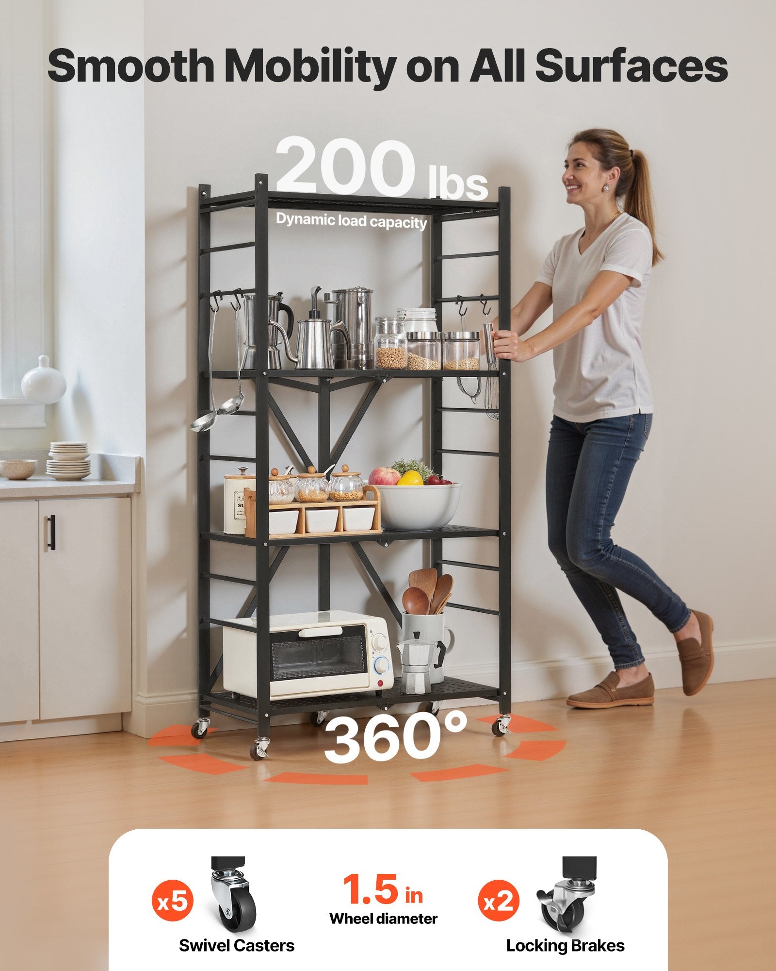 4-Tier Foldable Storage Shelf, 28W X 13D X 54H Inch Folding Metal Rack Shelving Unit, No Assembly Organizer Shelf With 5 Wheels & 4 Hooks For Pantry, Kitchen, Garage, Basement, Black