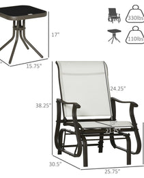 3-Piece Outdoor Gliders Set Bistro Set with Steel Frame, Tempered Glass Top Table for Patio, Garden, Backyard, Lawn, Cream White