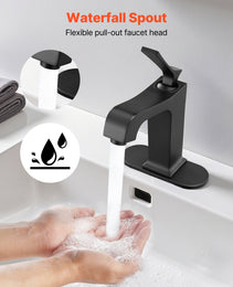 Single Handle Sink Faucet, Matte Black Finish Faucet Kitchen Sink, Kitchen Water Faucets With Push-Button Drain, Suitable For Bathroom, RV, Bar Sink, Public Restroom, Waterfall-Style Spout