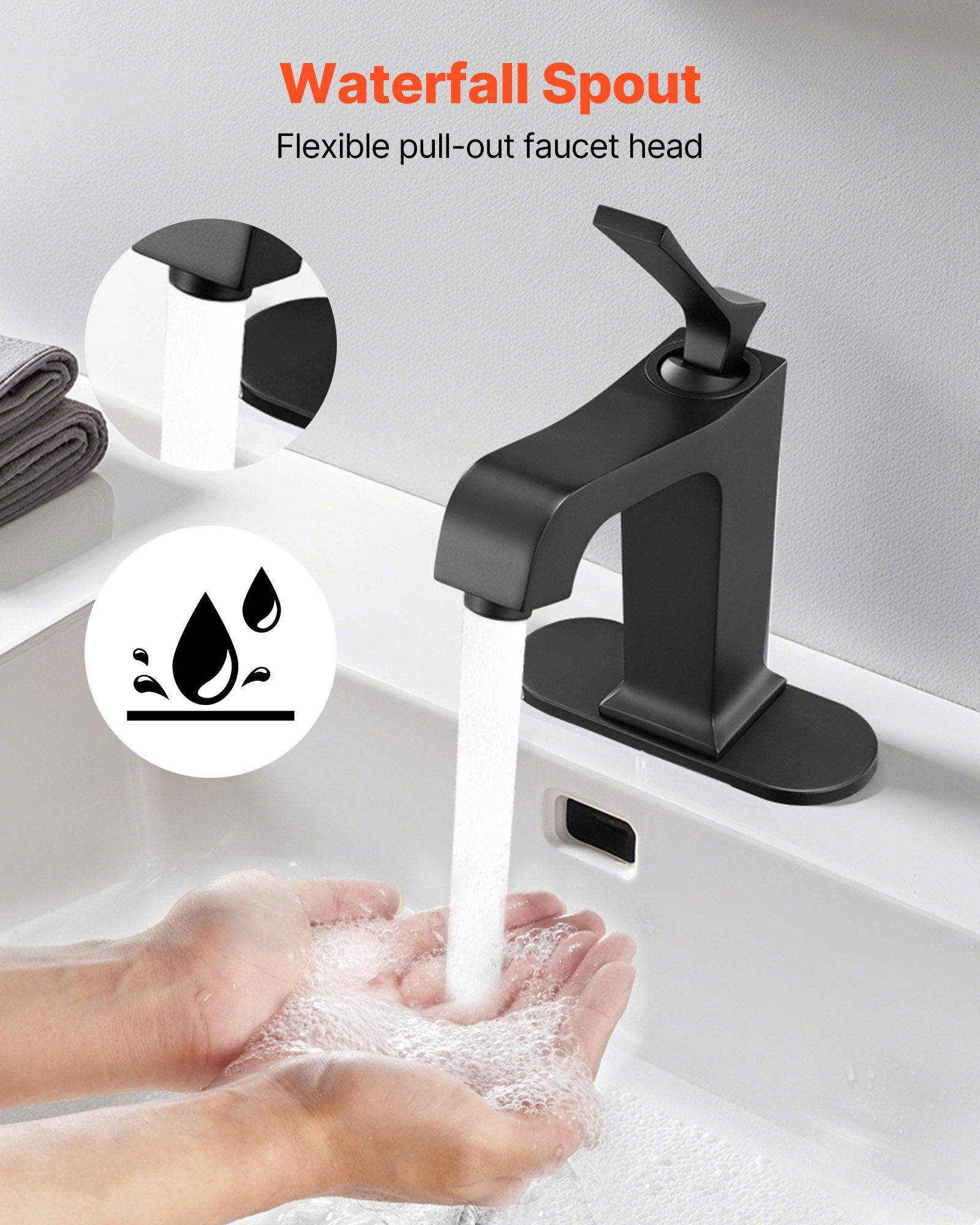 Single Handle Sink Faucet, Matte Black Finish Faucet Kitchen Sink, Kitchen Water Faucets With Push-Button Drain, Suitable For Bathroom, RV, Bar Sink, Public Restroom, Waterfall-Style Spout