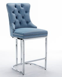 26  Counter Height Bar Stools Set Of 2, Modern Velvet Barstools With Button Back&Rivet Trim Upholstered Kitchen Island Chairs With Sturdy Chromed Metal Base Legs Farmhouse Bar Stools,Light Blue,2 Pack
