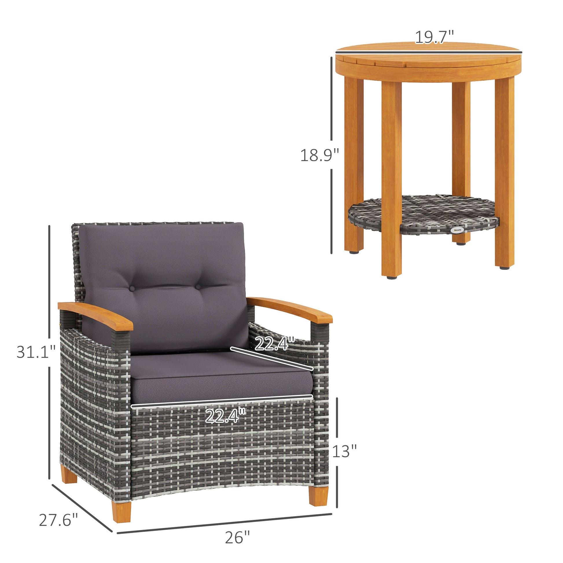Outdoor Bistro Set Wicker Patio Furniture With Cushions For Porch, Backyard, Garden, Gray