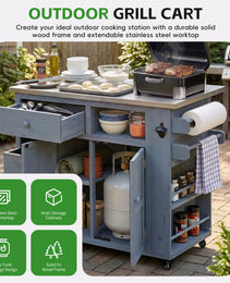TOPMAx Outdoor Solid Wood Extendable 19.3  28  Kitchen Island  Stainless Steel Top Grill Table With Side Spice Rack  Kitchen Cart With Drawers  Storage Cabinet For Backyard  BBQ Party  Gray