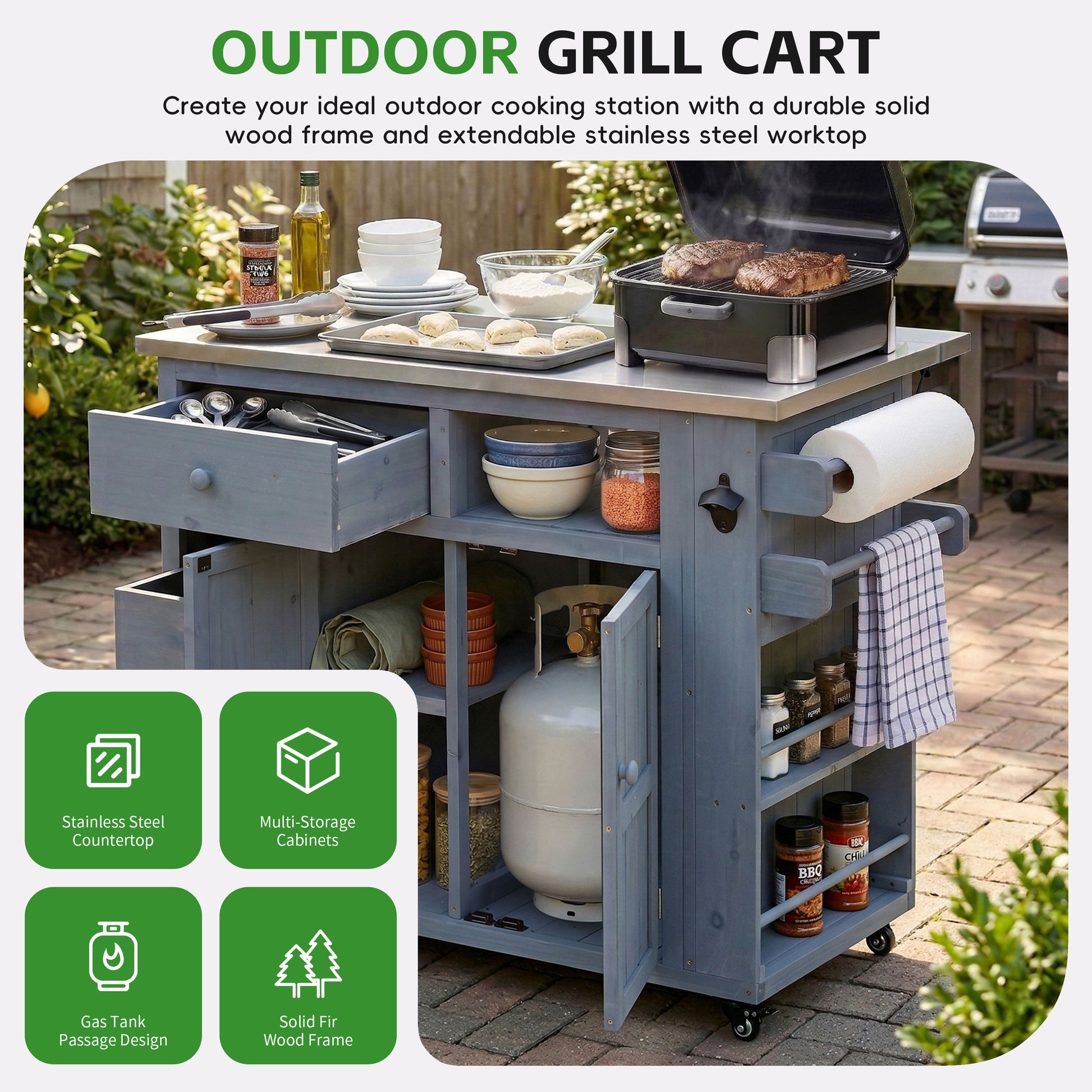 TOPMAx Outdoor Solid Wood Extendable 19.3  28  Kitchen Island  Stainless Steel Top Grill Table With Side Spice Rack  Kitchen Cart With Drawers  Storage Cabinet For Backyard  BBQ Party  Gray