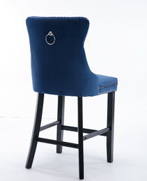 Contemporary Velvet Upholstered Barstools With Button Tufted Decoration And Wooden Legs, And Chrome Nailhead Trim, Leisure Style Bar Chairs,Bar Stools, Set Of 2 Blue,SW2002BL