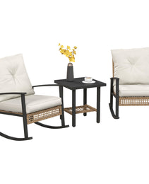 3 Pieces Bistro Set, Patio Wicker Furniture Set with Button Tufted Cushions, Rattan Rocking Chairs, Coffee Table, White
