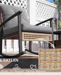 3 Pieces Bistro Set, Patio Wicker Furniture Set with Button Tufted Cushions, Rattan Rocking Chairs, Coffee Table, Gray