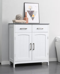 Bathroom Floor Cabinet, Freestanding Linen Cabinet, Storage Cabinet with 2 Drawers, Double Doors, Adjustable Shelf, White