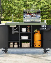 K&K 55.5  Outdoor Kitchen Island With Sink, Metal Grill Cart Table With 304 Stainless Steel Sink, Outdoor Bar Cart Sink Station With 4 Lockable Wheels For Pizza Prep & BBQ, L 55.5  X W 20  H 36.7