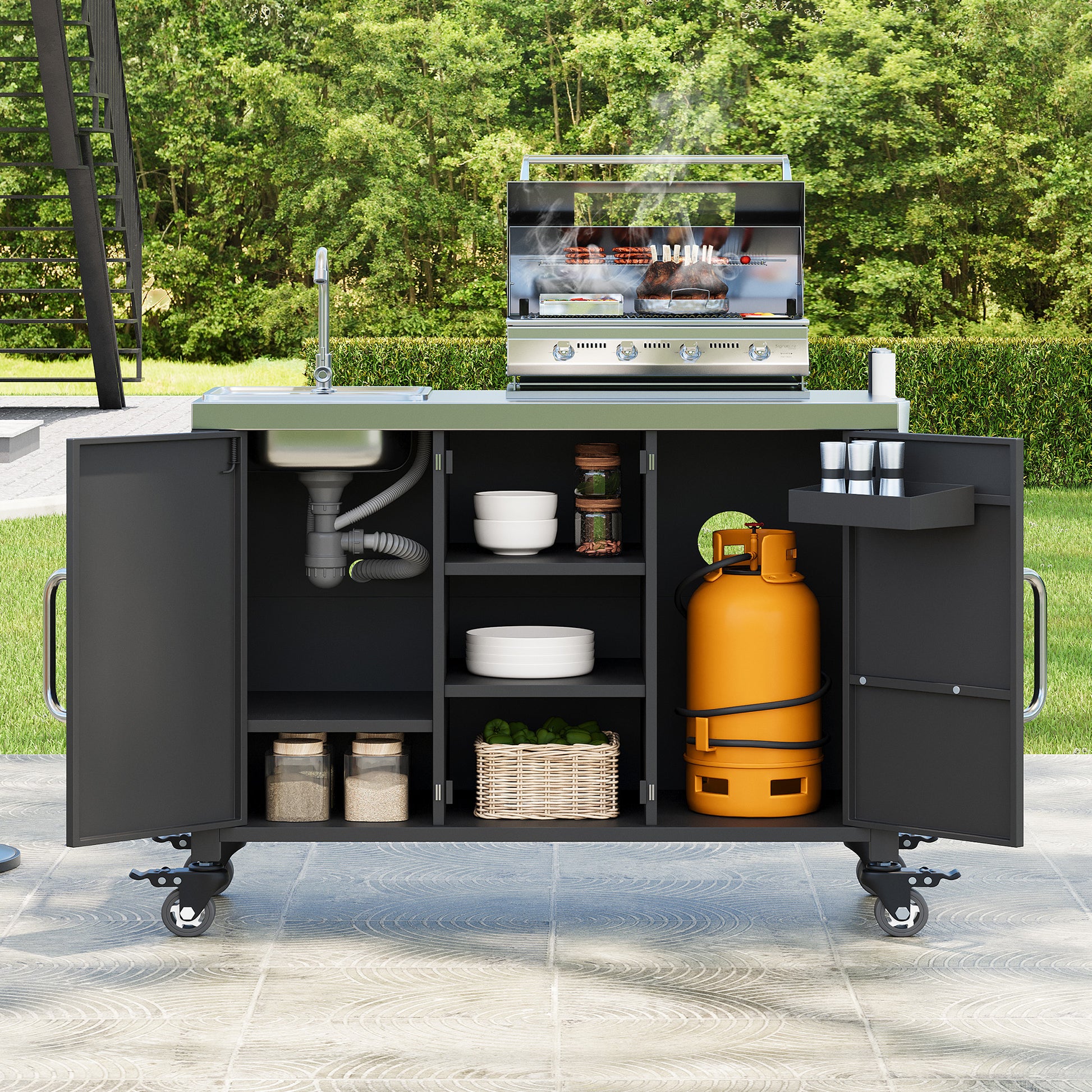 K&K 55.5  Outdoor Kitchen Island With Sink, Metal Grill Cart Table With 304 Stainless Steel Sink, Outdoor Bar Cart Sink Station With 4 Lockable Wheels For Pizza Prep & BBQ, L 55.5  X W 20  H 36.7