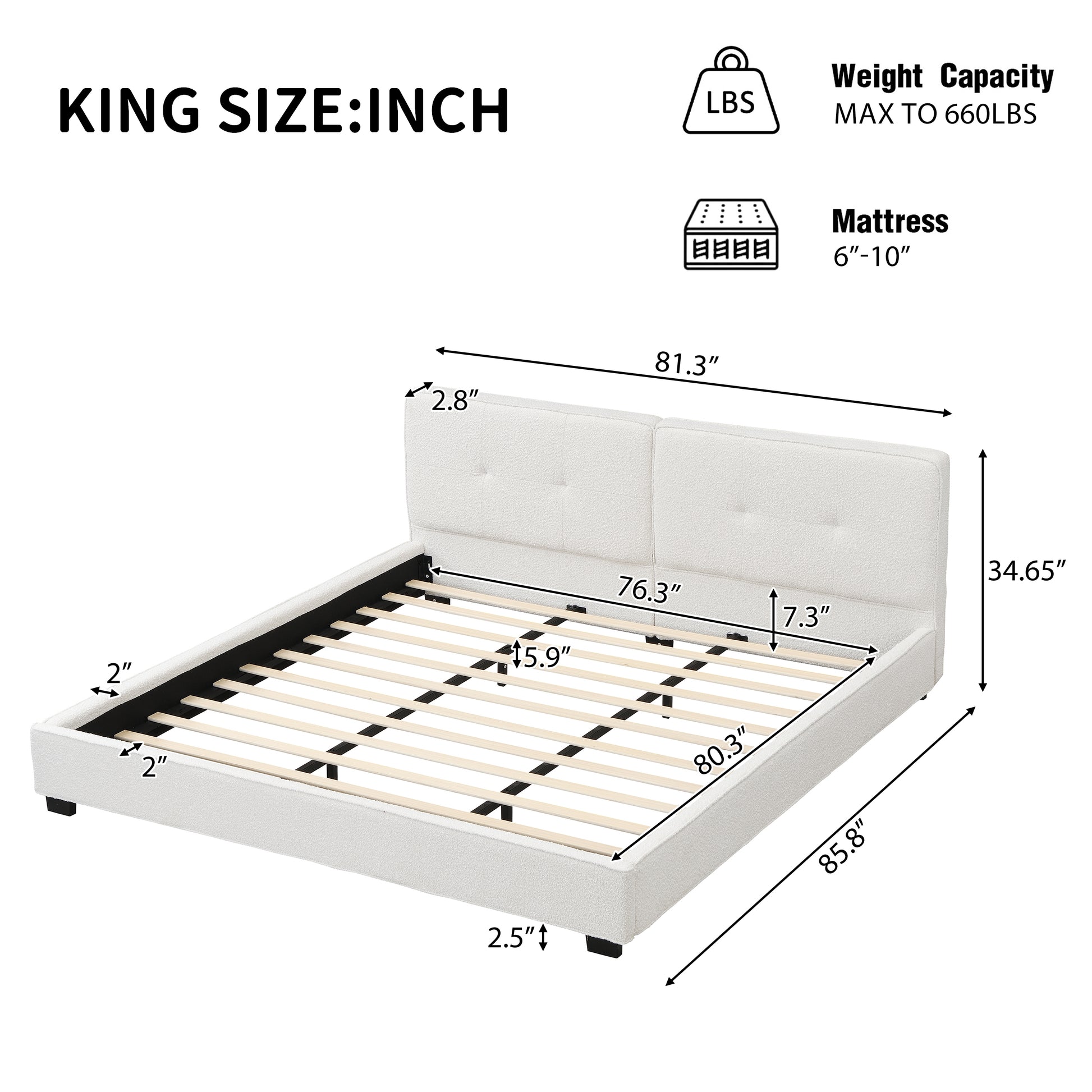 King Size Boucle Bed Frames, Upholstered Platform Bed With Curved Tufted Headboard, Soft Square Corners, Beige