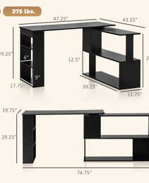 360° Rotating Home Office Desk L Shaped Corner Computer Desk with Storage Shelves, Writing Table Workstation, Black