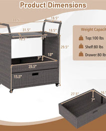 Handwoven PE Rattan Outdoor Bar Cart With Tempered Glass Top & Drawer, 4 Wheels With Brakes Serving Cart For Patio