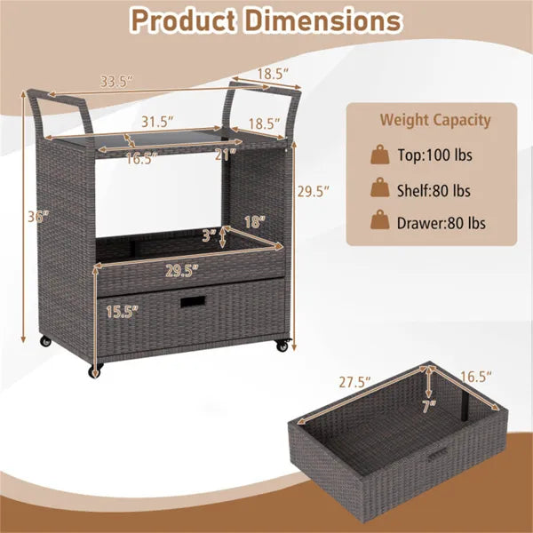 Handwoven PE Rattan Outdoor Bar Cart With Tempered Glass Top & Drawer, 4 Wheels With Brakes Serving Cart For Patio