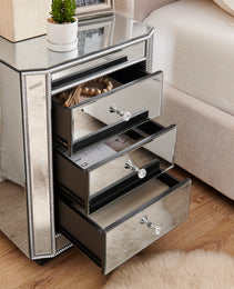 3-Drawer Mirrored Nightstand Bedside Table, Modern End Side Table, Mirrored Nightstand, Mirrored Side Table For Living Room, Bedroom, Entryway 17.7W X 13.8D X 23.6H
