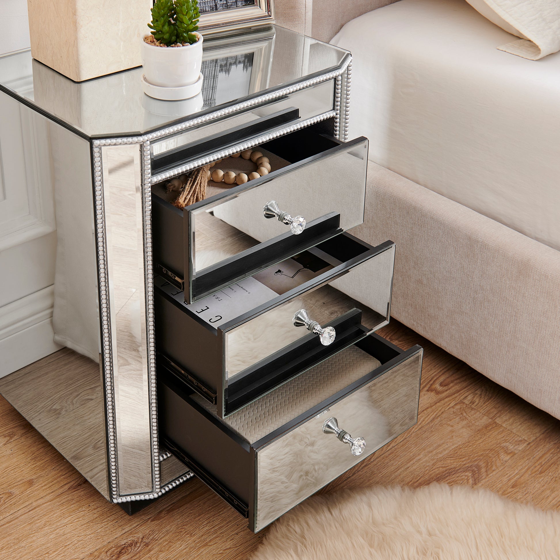 3-Drawer Mirrored Nightstand Bedside Table, Modern End Side Table, Mirrored Nightstand, Mirrored Side Table For Living Room, Bedroom, Entryway 17.7W X 13.8D X 23.6H