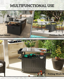 Outdoor Bar Cart with Storage, Stainless Steel Outdoor Bar Table Top, Wheeled HDPE Kitchen Island for Food Prep, Black